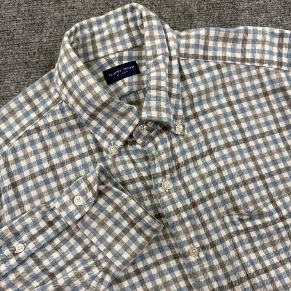 Proper Cloth Button Down Shirt‎ 2XL Blue Grey Gingham Flannel Mens